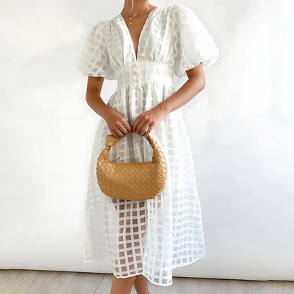 Caelis | Rochie Midi cu Mâneci Puff și Model Clasic