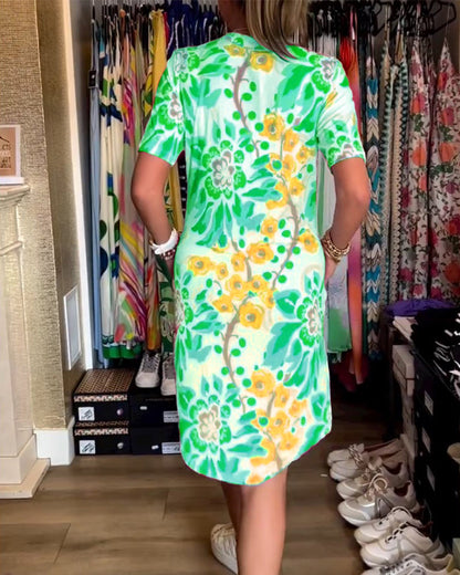 Ivendra | Rochie Midi cu Mâneci Scurte și Imprimare Florală