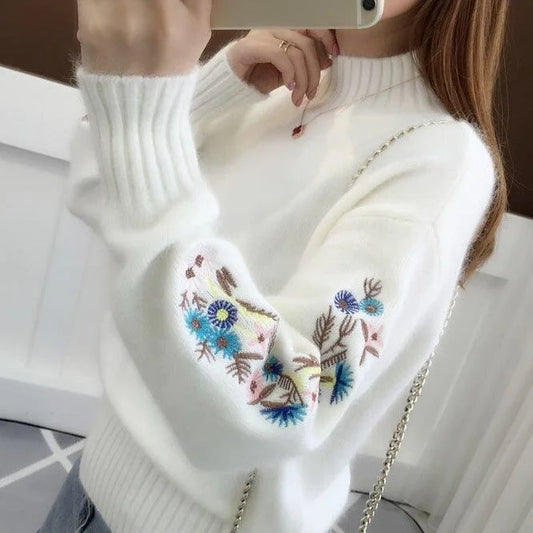 SASKIA | Pulover din bumbac gros tricotat cu broderie florală