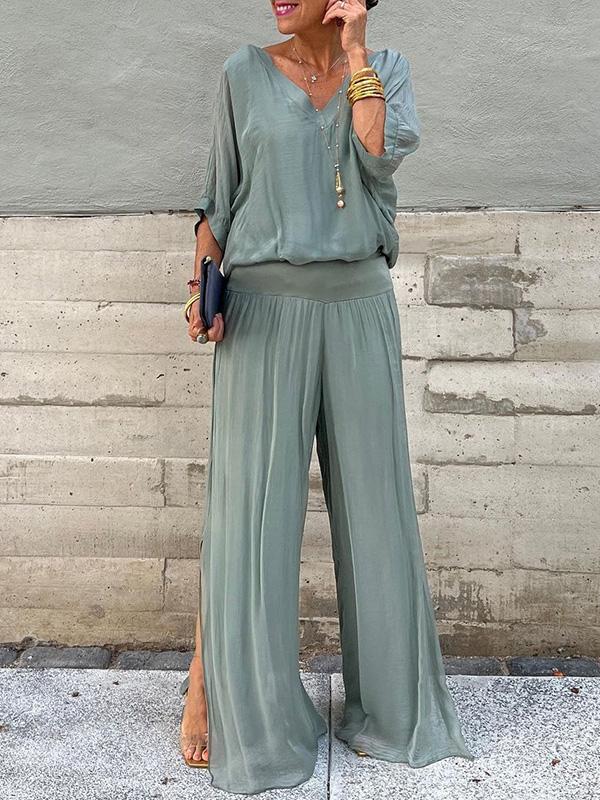 ESMERALDA – SET DIN DOUĂ PIESE CU PANTALONI LARGI DIN CHIFFON ELEGANT