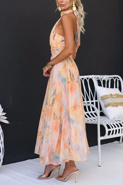 Scarlett | Rochie Maxi cu Imprimare Acuarelă și Gât Halter Elegant
