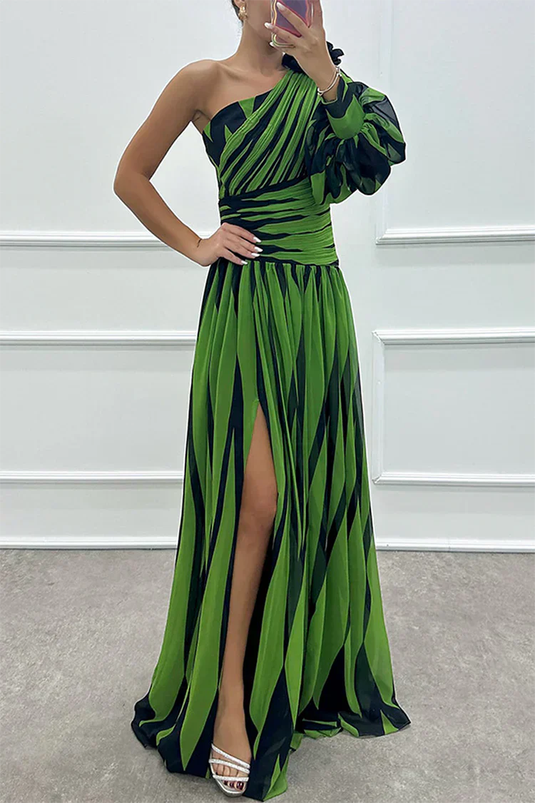 Stella | Rochie Maxi Elegantă cu Dungi, cu Un Umăr