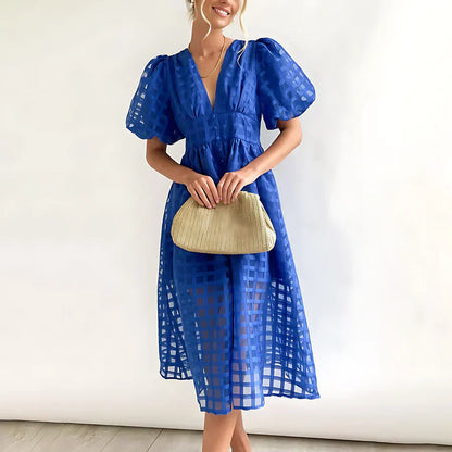 Caelis | Rochie Midi cu Mâneci Puff și Model Clasic