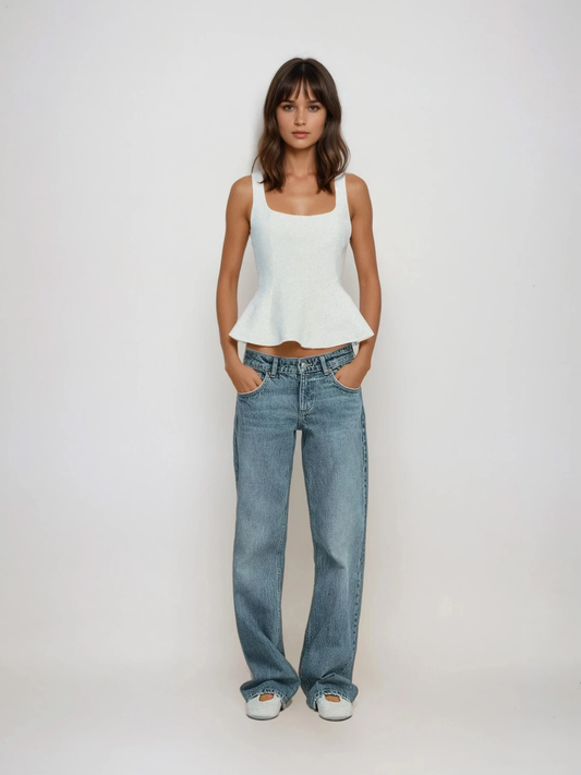 Top fără mâneci peplum cu guler pătrat, ajustat