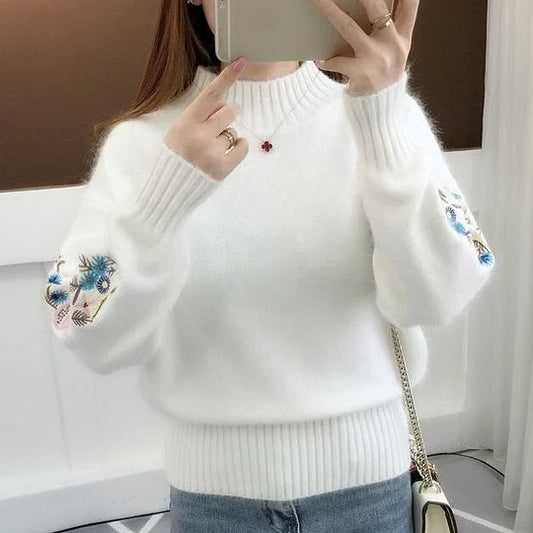 SASKIA | Pulover din bumbac gros tricotat cu broderie florală