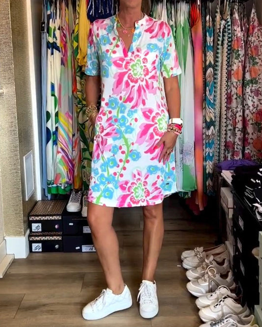 Ivendra | Rochie Midi cu Mâneci Scurte și Imprimare Florală