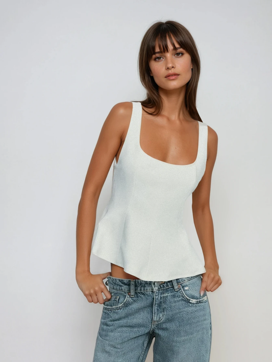 Top fără mâneci peplum cu guler pătrat, ajustat