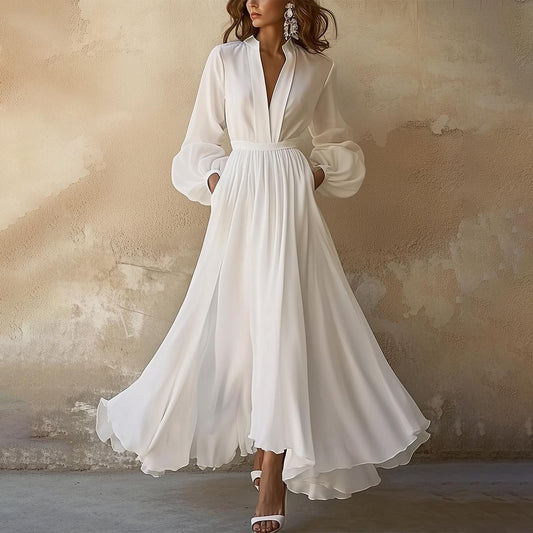 Rochie Maxi Albă V-Neck Vintage