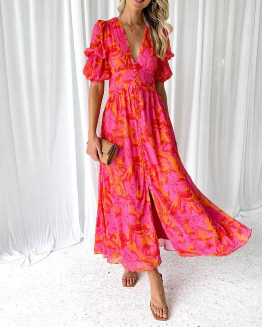 Sierra - Rochie Maxi Elegantă cu Decolteu în V și Mâneci Puff