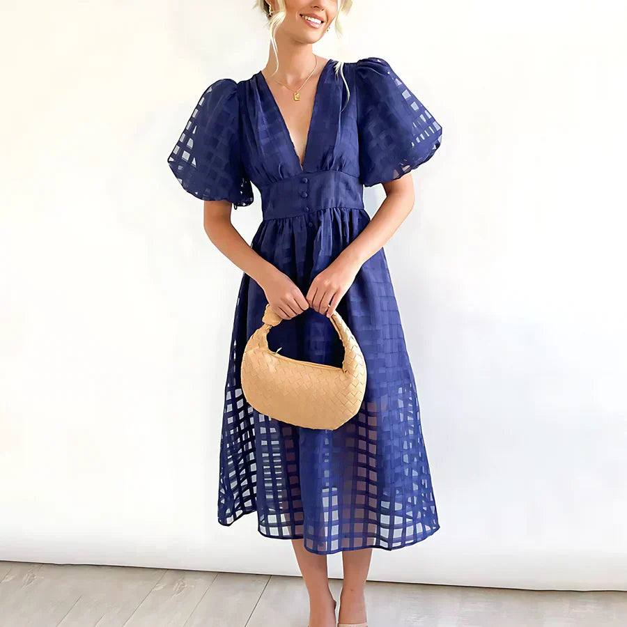 Caelis | Rochie Midi cu Mâneci Puff și Model Clasic