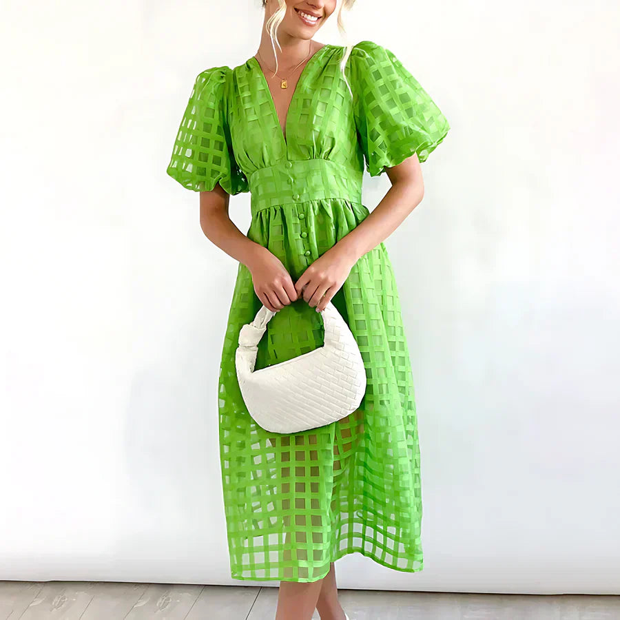Caelis | Rochie Midi cu Mâneci Puff și Model Clasic