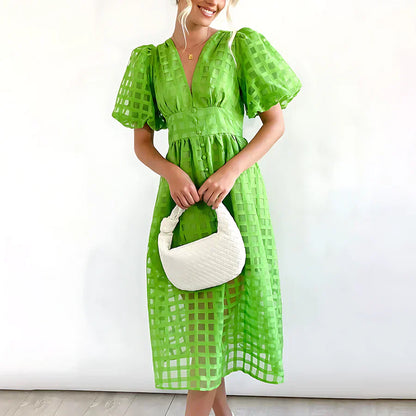 Caelis | Rochie Midi cu Mâneci Puff și Model Clasic