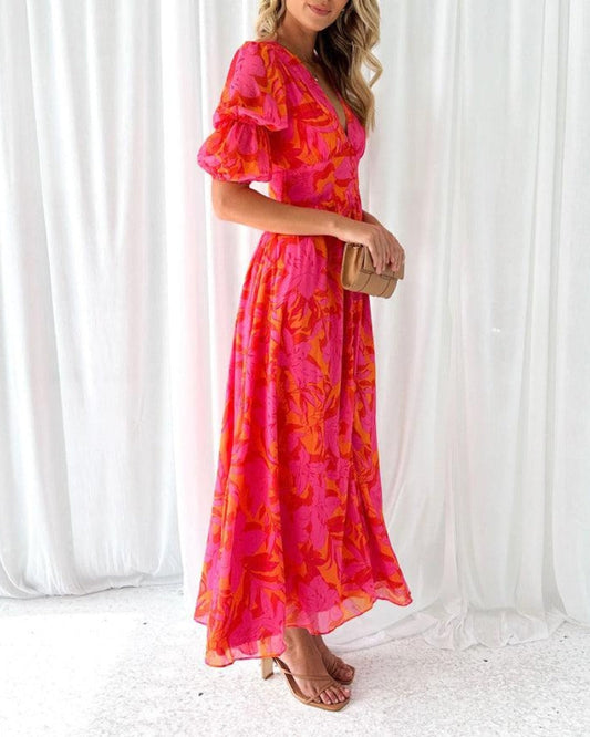Zynelle | Rochie Maxi Elegantă cu Mâneci Puff și Decolteu în V