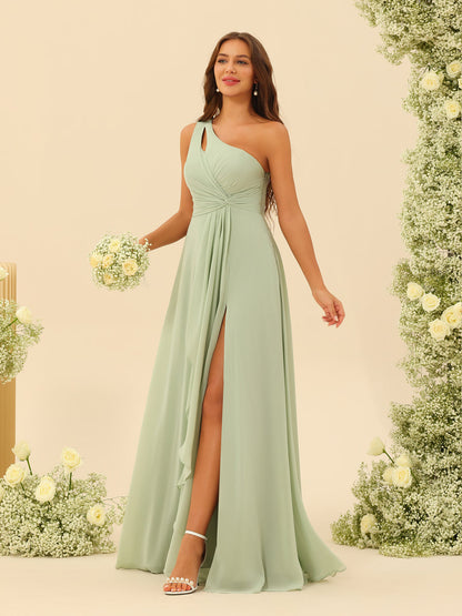 Irina – Rochie lungă de ocazie cu un umăr gol, culoare salvie