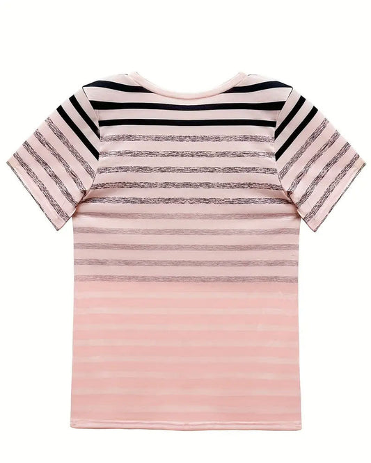 Evelyn – Tricou cu Guler Rotund și Mâneci Scurte, Dungi