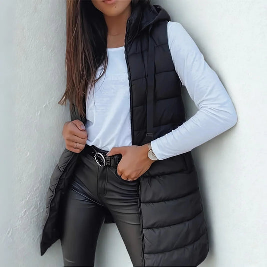 Rebeca | Vest lung pufos fără mâneci, cu glugă, casual