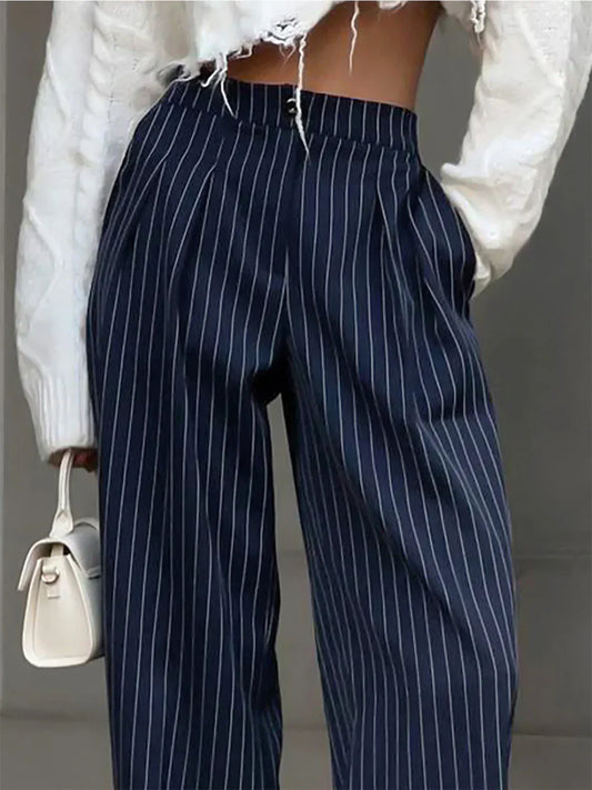 Pantaloni de birou cu pliuri și picior larg cu dungi