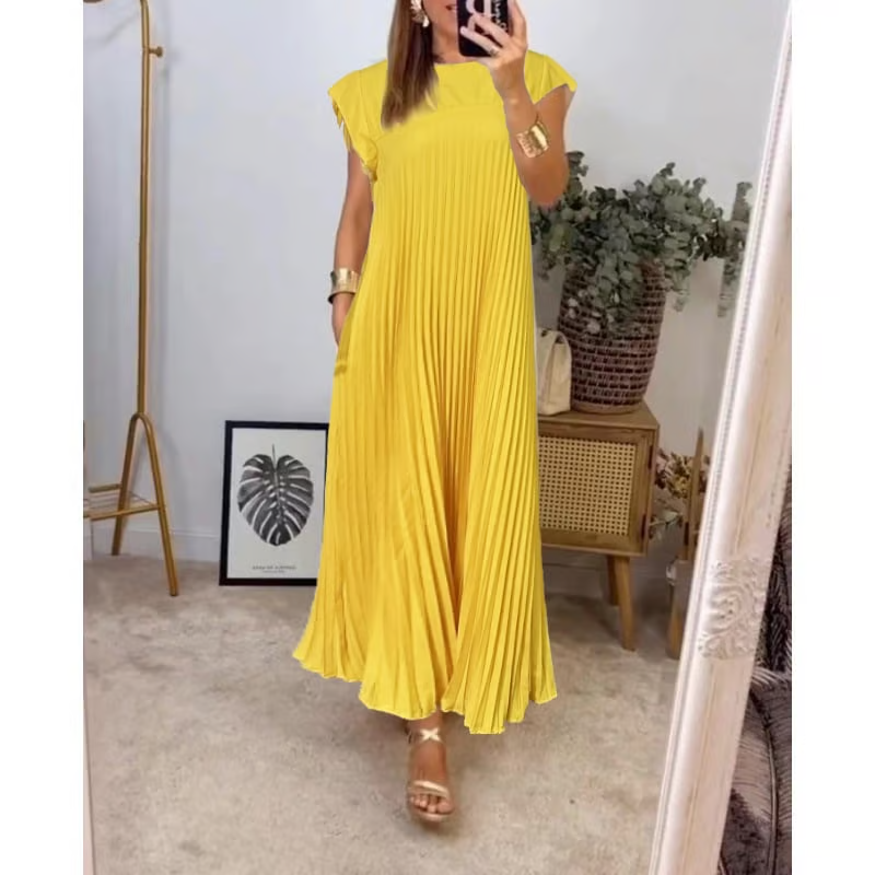 Rochie maxi plisată cu mânecă scurtă pentru femei