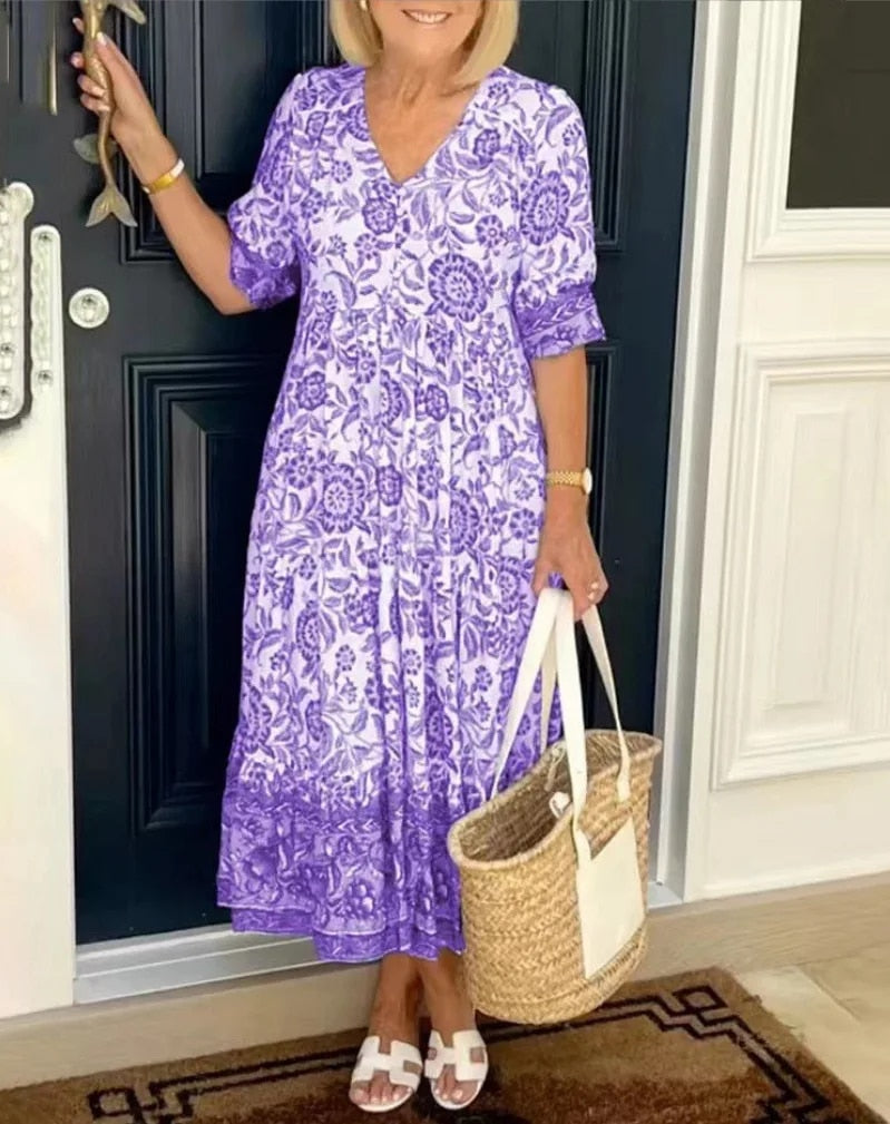 Luna - Rochie Elegantă cu Flori și Decupaj în V