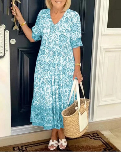 Luna - Rochie Elegantă cu Flori și Decupaj în V