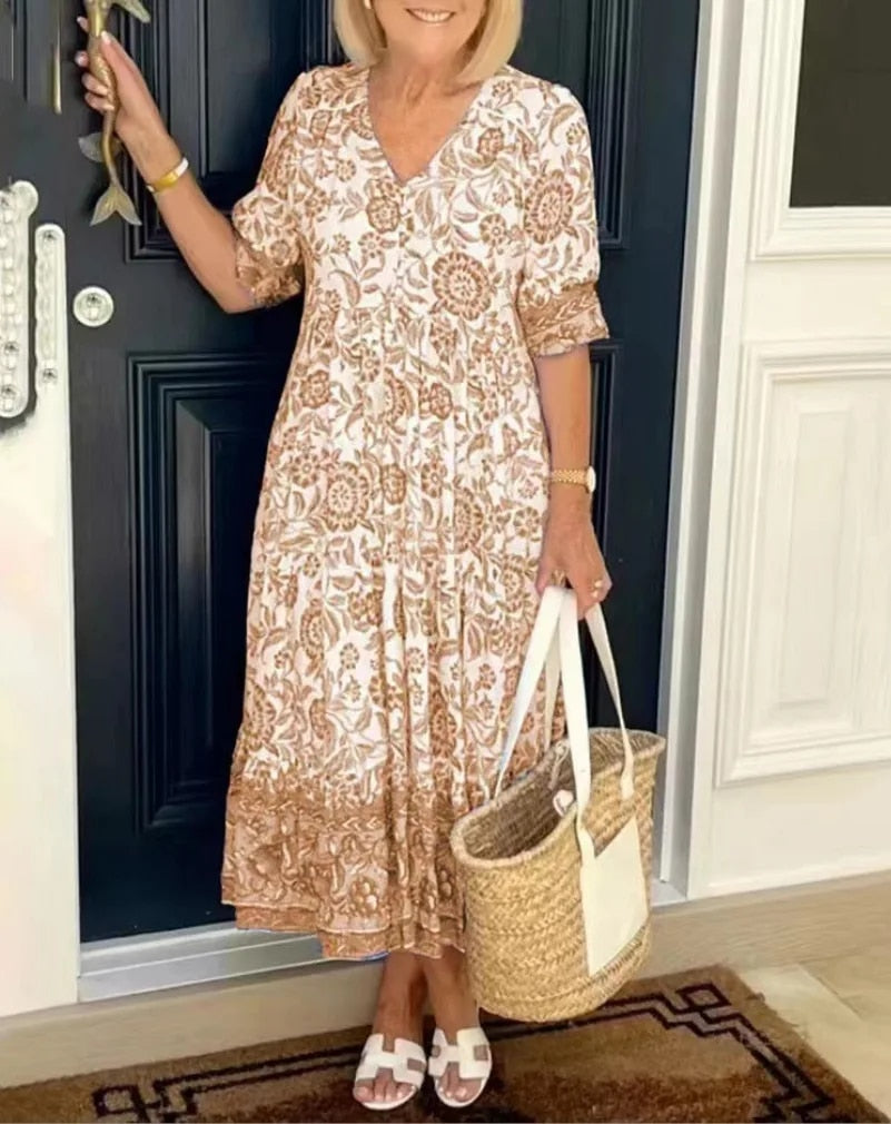 Luna - Rochie Elegantă cu Flori și Decupaj în V
