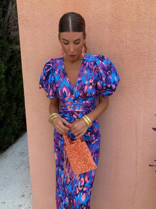 Devika – Rochie Midi cu Mâneci Puff Vibrante