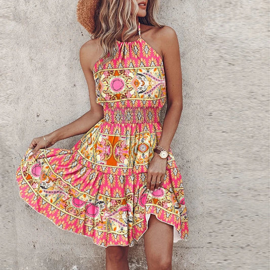 KORA – ROCHIE MIDI BOHEMIANĂ COLORATĂ CU DECOLTEU ÎN V