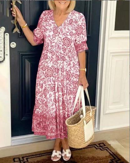 Luna - Rochie Elegantă cu Flori și Decupaj în V