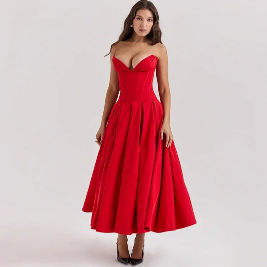 Aria – Rochie Midi Plisată Fără Bretele