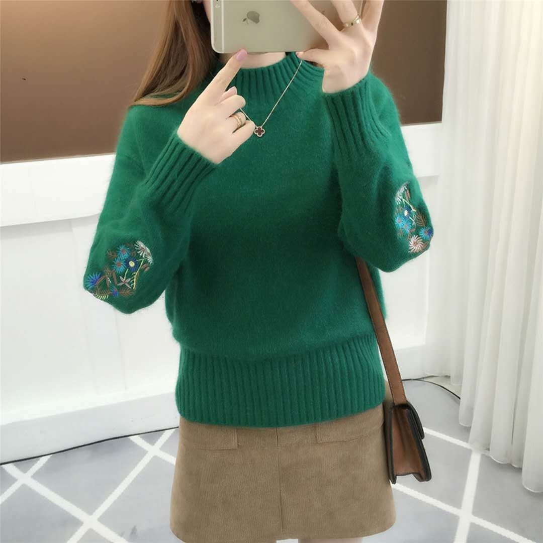 SASKIA | Pulover din bumbac gros tricotat cu broderie florală