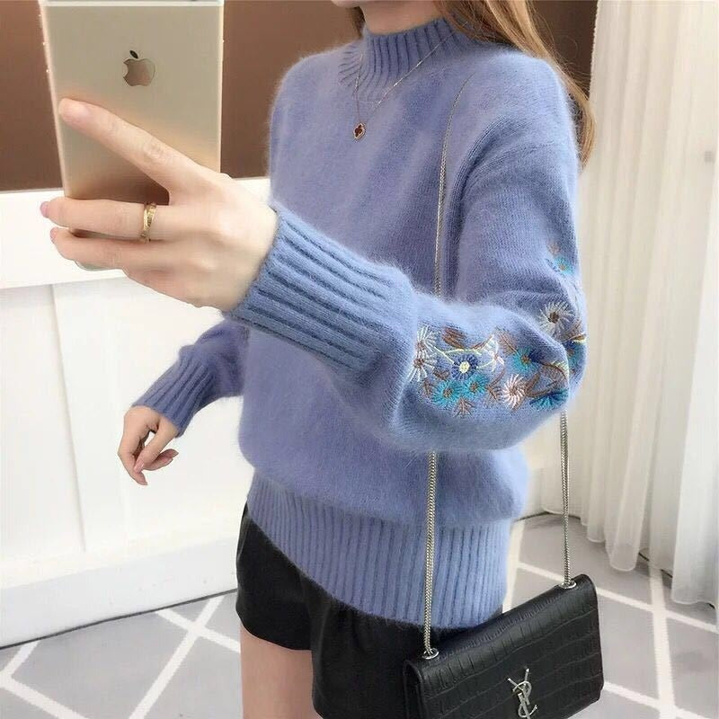SASKIA | Pulover din bumbac gros tricotat cu broderie florală