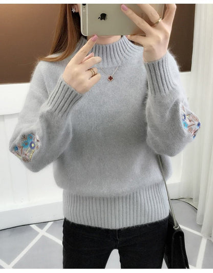 SASKIA | Pulover din bumbac gros tricotat cu broderie florală