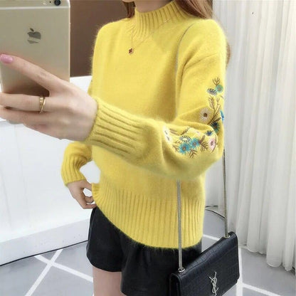 SASKIA | Pulover din bumbac gros tricotat cu broderie florală