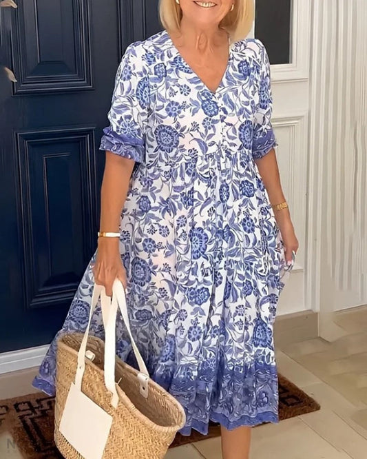 Luna - Rochie Elegantă cu Flori și Decupaj în V