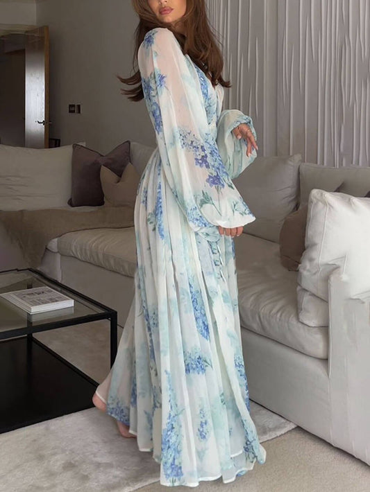 MONROE – ROCHIE MAXI DIN CHIFFON CU FLORI OCEANICE