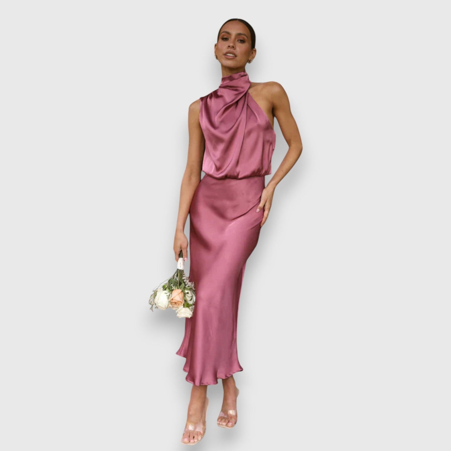 Daisy | Rochie Elegantă din Satin cu Guler Halter