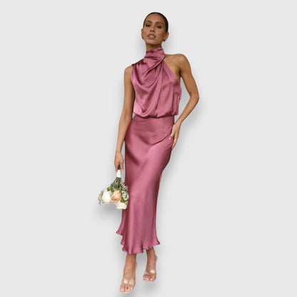 Daisy | Rochie Elegantă din Satin cu Guler Halter