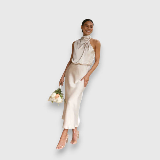 Daisy | Rochie Elegantă din Satin cu Guler Halter