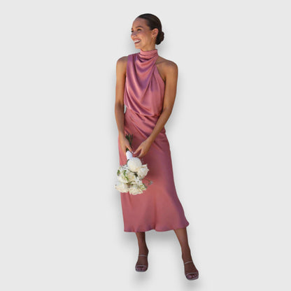 Daisy | Rochie Elegantă din Satin cu Guler Halter