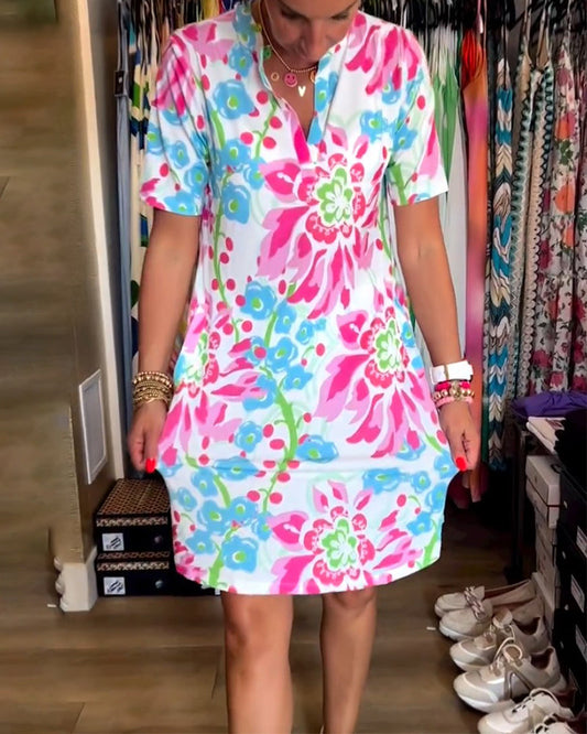 Ivendra | Rochie Midi cu Mâneci Scurte și Imprimare Florală