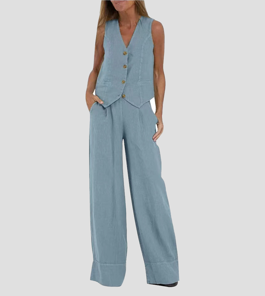 Jessica - Set Vestă cu Nasturi și Pantaloni Largi