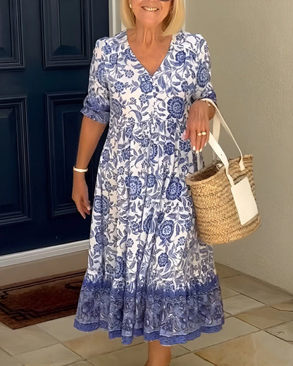 Luna - Rochie Elegantă cu Flori și Decupaj în V
