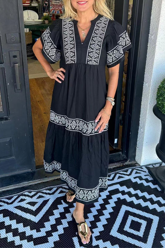SORAYA – ROCHIE A-LINE CU DECOLTE IN V, DIN PATCHWORK GEOMETRIC