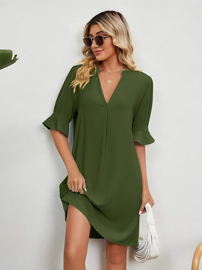 Elise - Rochie Solidă Plisată cu Decolteu în V