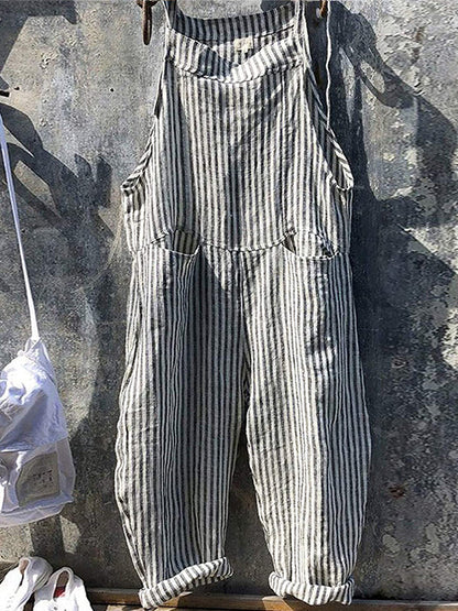 Salopetă cu dungi din in și bumbac