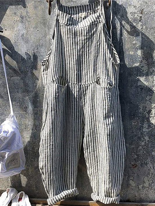 Salopetă cu dungi din in și bumbac