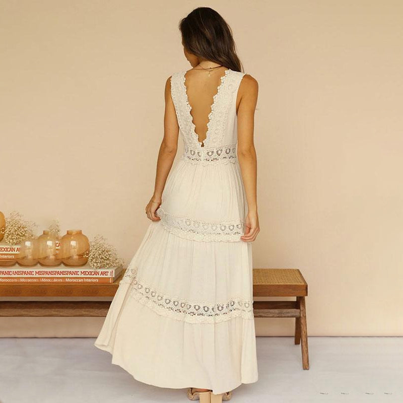 Nancy – Rochie Maxi cu Spate Din Dantelă și Decolteu în V